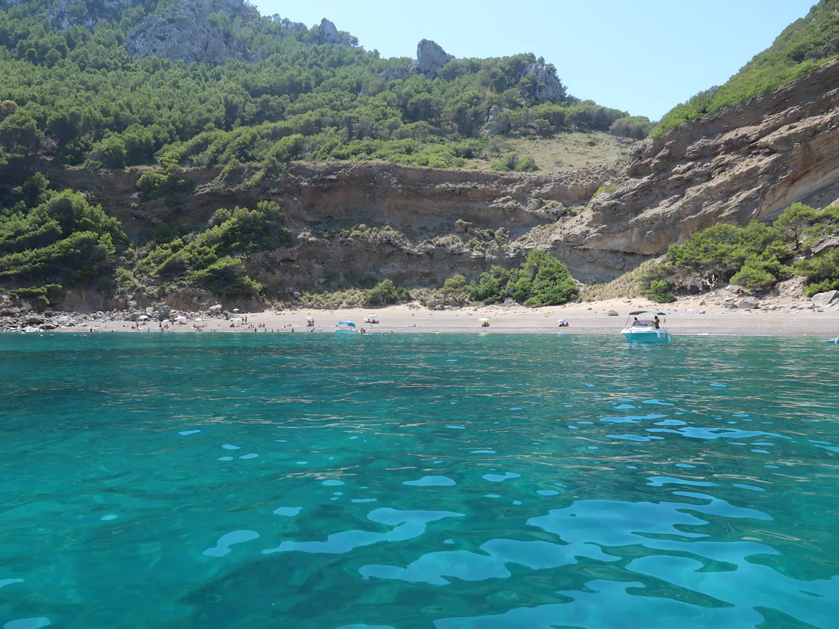 Šljunčana plaža i tirkizno more u uvali okruženoj borovima